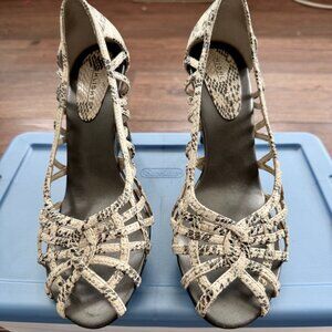 Highlights Snake-Print Caged Wedge Sandals — Size 7.5